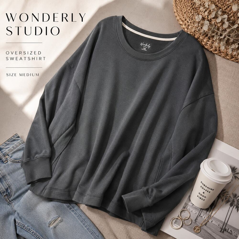 Wonderly Studio Oversized Sweatshirt Pullover Charcoal Gray Cozy Lounge Top M